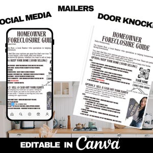 May include: A digital marketing graphic with the text "Homeowner Foreclosure Guide" displayed on a smartphone and a printed document. The graphic includes the text "Social Media," "Mailers," and "Door Knocking." The phrase "Editable in Canva" is also present.
