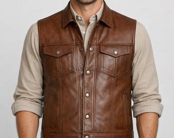 Trapper Vintage Men's Brown Leather Vest Size M/50 Brown Many