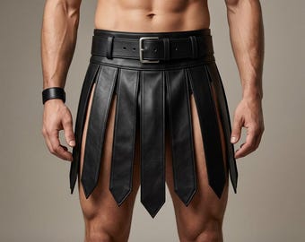 Men's Black Leather Gladiator Skirt, Roman Warrior Kilt, Fantasy LARP Cosplay Wear