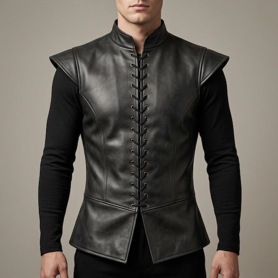 Men's Black Leather Vest, Gothic Lace-Up Jerkin, Medieval Warrior Sleeveless Top