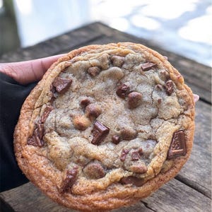 May include: A round, golden-brown chocolate chip cookie with a textured, uneven surface. The cookie features numerous visible chunks of dark brown chocolate embedded throughout the dough, with a slightly crisp edge and a soft, baked appearance.