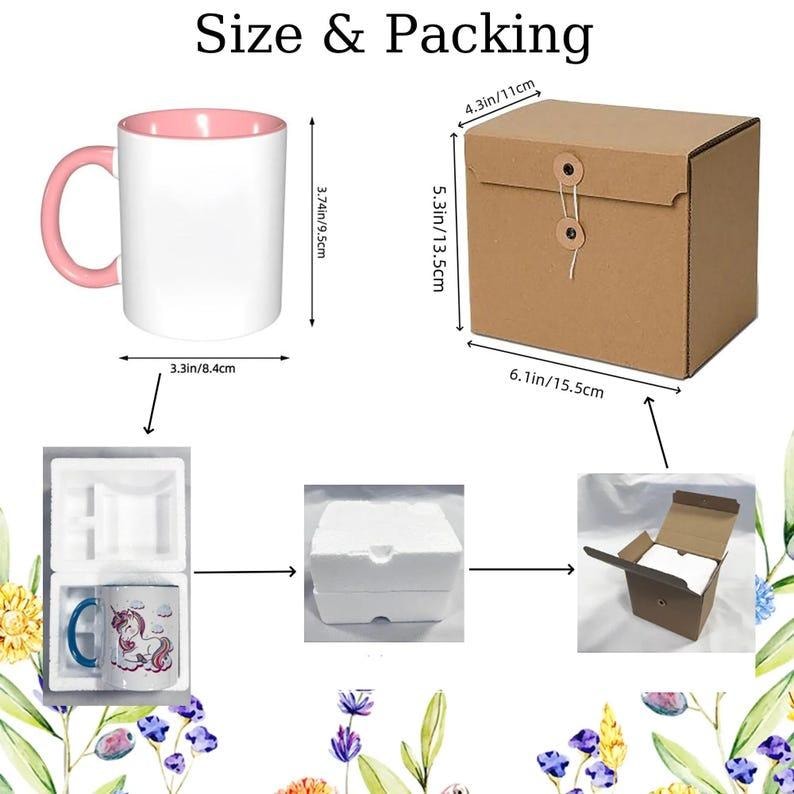 May include: A white mug with a pink handle and interior, measuring 3.74 inches high and 3.3 inches wide. It is shown with a brown cardboard box measuring 5.3 inches by 4.3 inches by 6.1 inches, including white foam packaging for protection.