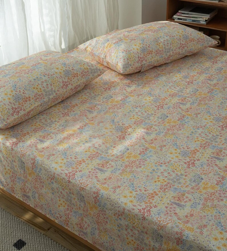 100% Tencel Cotton Flat Sheet/Top Sheet Floral Skin-Friendly Breathable Bed Top Sheet, 90"x98"(230cm*250cm) image 2