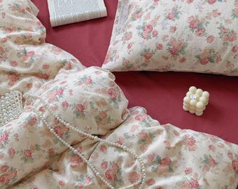 Vintage Watercolor Flower 100% Cotton Bedding Set - Double Gauze Duvet Cover for Bohemian Bedroom Twin XL Full Queen, Floral Pattern