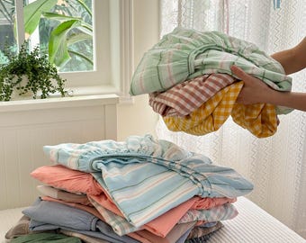 100% Cotton Fitted Sheet All-Season Solid Color Mattress Protector, Plain/Gingham Color, Twin/Full Size for Dorm & Home