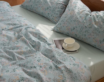 Blue Floral Cottagecore 100% Cotton Duvet Cover Soft Breathable Vintage Floral Bedding Set Twin/Full/Queen Size