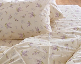 Lavender Floral Duvet Cover Set 100% Cotton Soft Breathable Rustic Floral Bedding Set Twin/Full/Queen