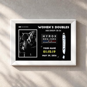 May include: A framed black and white display featuring a photo of an athlete, the text WOMEN'S DOUBLES, AGE GROUP: 30-34, HYROX NEW YORK, YOUR NAME, 01:15:19, MAY 29, 2026, and a vertical white lanyard with the text HYROX printed in black.