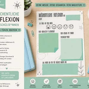 May include: A printable weekly reflection worksheet for students featuring German text, including sections for daily mood tracking with emojis, classroom behavior, social interactions, and goal setting, accented with light green rectangular boxes.