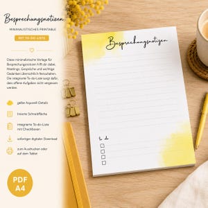 May include: A white notepad with yellow watercolor accents, featuring the text Besprechungsnotizen at the top and a to do section with four empty checkboxes at the bottom. The page contains horizontal lines for writing notes and meeting details.