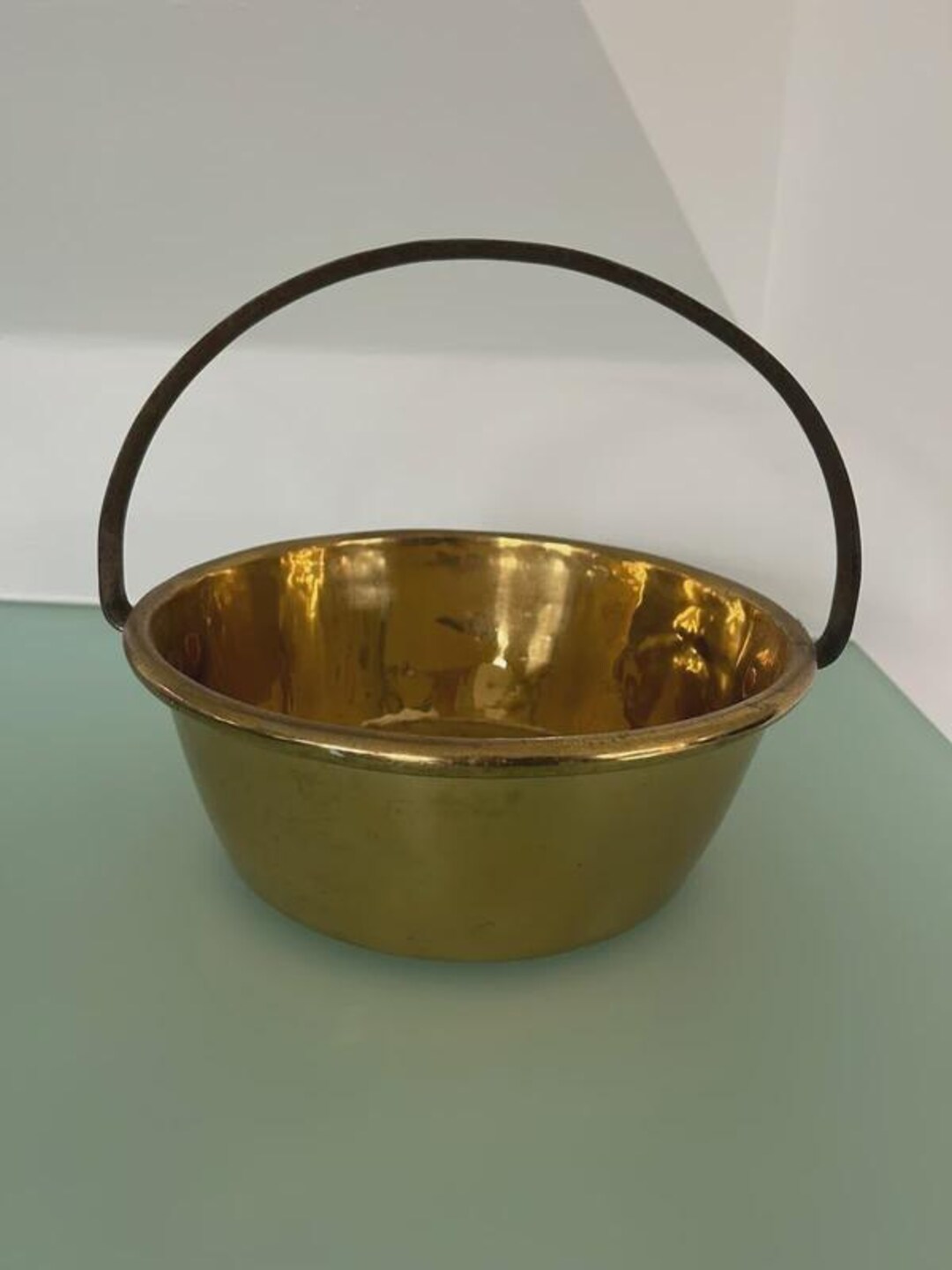 Antique Brass Cauldron With Wrought Iron Handle Rustic Vintage Decor