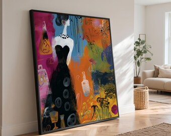 Elegante dame in zwarte jurk canvaskunst, moderne modeschilderij