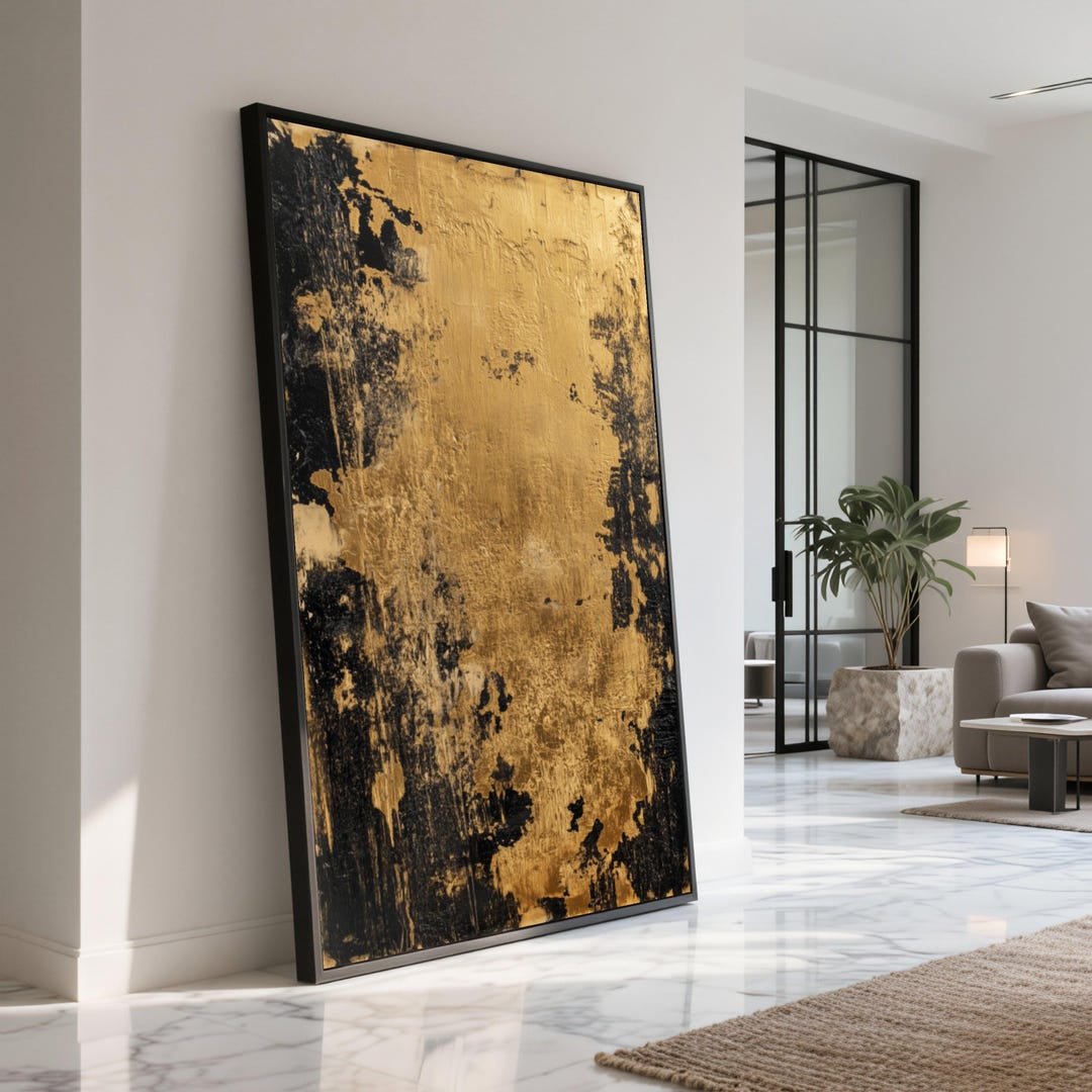 Abstract Gold and Black Canvas Wall Art, Modern Metallic Acrylic Style ...