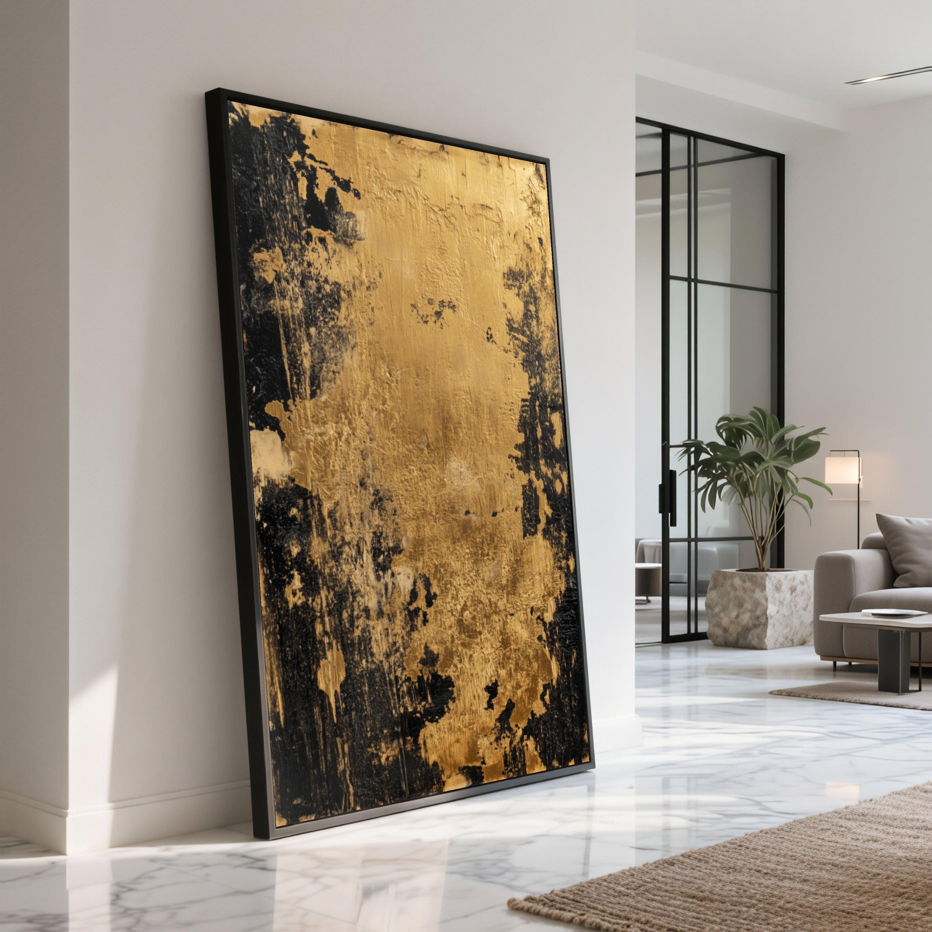 Abstract Gold and Black Canvas Wall Art, Modern Metallic Acrylic Style ...