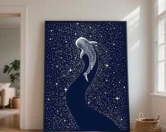 Cosmic Whale Shark Canvas Print, Starry Night Nautical Wall Decor
