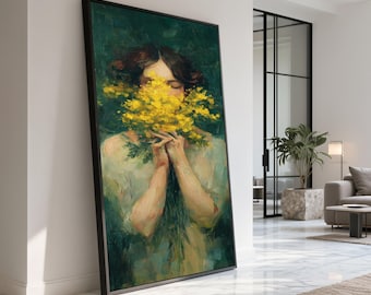 黄色い花を持つ女性 キャンバス、エレガントな肖像画の壁アート、花束