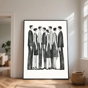 Puede incluir: Lámina artística minimalista en blanco y negro que presenta una fila de figuras estilizadas con vestimenta formal. La obra de arte representa a un grupo de personas de pie en fila, centrándose en sus siluetas y la interacción de la luz y la sombra. La impresión está enmarcada en un borde negro.