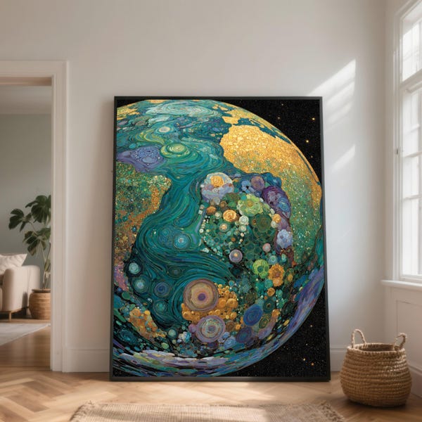 Gustav Klimt Stil Erdkugel Leinwand Kunst, wirbelnder Planet Raum Dekor