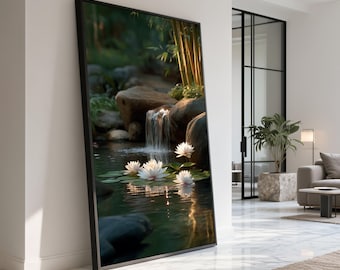 Water Lily Pond Canvas, Zen Garden Waterfall Scene