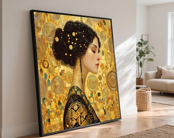 Klimt Style Woman Portrait Canvas, Gold Accents, Modern Glam Wall Art, Contemporary Home Decor