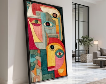 Abstract Faces Canvas Art, Geometric Cubist Portrait, Modern Wall Decor