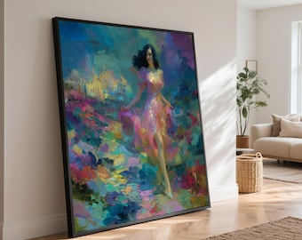 Lienzo de mujer con vestido rosa: retrato de fantasía impresionista.