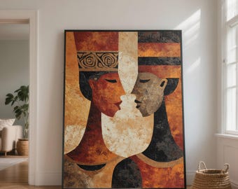 Amanti africani astratti su tela, ritratto di volti tribali, arte murale marrone-arancione