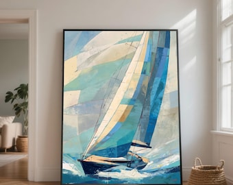 Impressão em tela abstrata de barco à vela, arte de paisagem marinha azul.