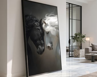 Lienzo de retrato de caballos en blanco y negro, arte ecuestre