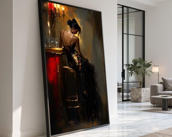 Canvaskunst elegante vrouw in zwarte jurk, chique woondecoratie