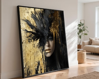 May include: Framed art print featuring a woman with black feathers covering one eye and gold lipstick. The background is a textured gold and black abstract design. The artwork is displayed in a black frame.