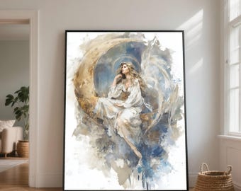 Ethereal Angel Canvas, Moonlit Dream, Spiritual Wall Art
