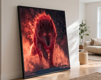 Fiery Wolf Canvas Print, Glowing Eyes Animal Portrait