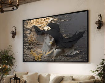 May include: A framed wall art piece featuring a sculpted woman wearing a large black hat with a white flower. The artwork has a textured, distressed background with gold and gray tones, and a gold butterfly.