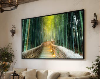 Impresión en lienzo de un sendero en el bosque de bambú, arte de un tranquilo jardín japonés