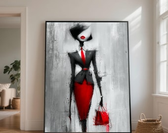 Red and Black Fashion Woman Canvas Art, Abstract Silhouette Painting
