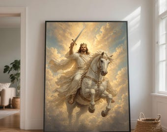 May include: A framed print depicts a figure in white robes, wearing a crown, riding a white horse and holding a sword aloft. The background features a cloudy sky with golden light. The artwork is displayed in a room with a wooden floor.