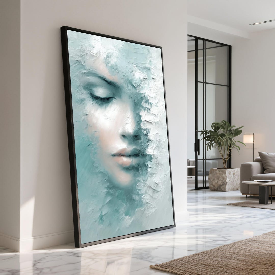 Abstract Female Portrait Canvas, Soft Blue Tones, Modern Wall Art ...