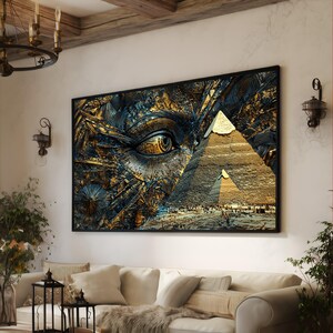 Toile oeil et pyramides de l'Égypte ancienne, oeuvre d'art murale mystique, symbolisme de pharaon, décoration de monument historique, décoration d'intérieur spirituelle