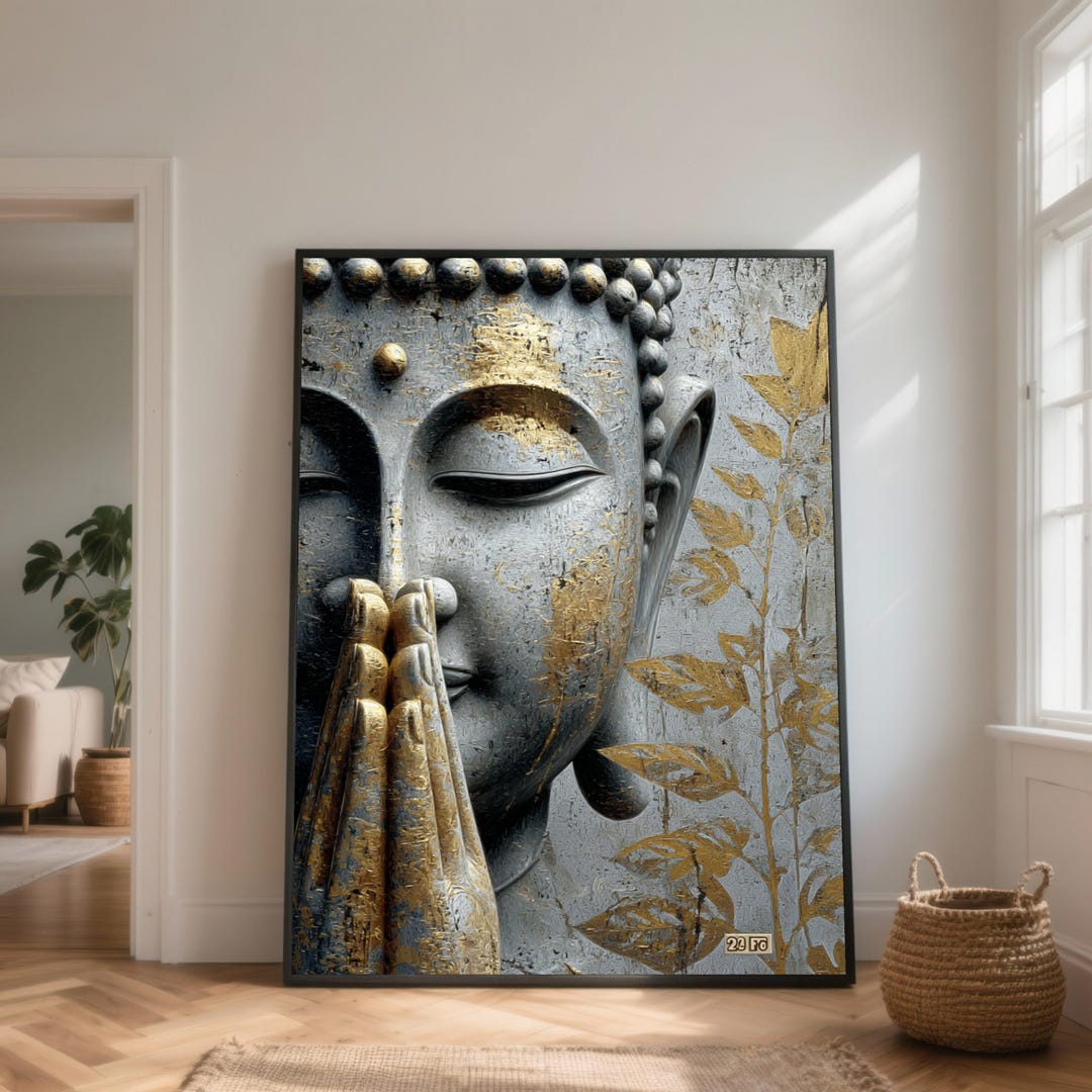 Tranquil Buddha Face Canvas, Gold Leaf Accent Wall Art, Meditative ...
