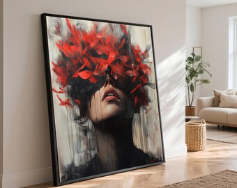Red Butterfly Woman Portrait Canvas, Abstract Expressionism Wall Decor
