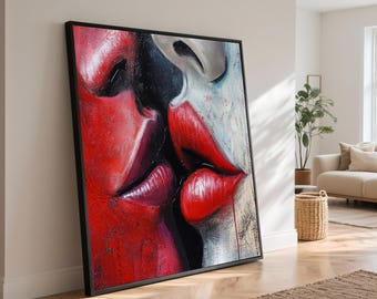Passionate Kiss Canvas, Abstract Red Lips Painting, Intimate Love Decor