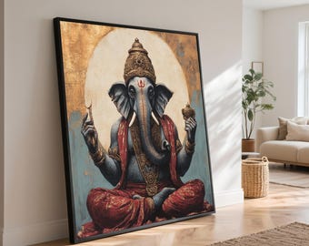 Ganesha Canvas Wall Art, Hindu God Elephant Painting, Meditation Decor