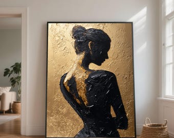 Lienzo elegante con silueta de mujer en negro y dorado, arte mural moderno, pintura abstracta de figura femenina, lienzo de lujo para decoración del hogar.