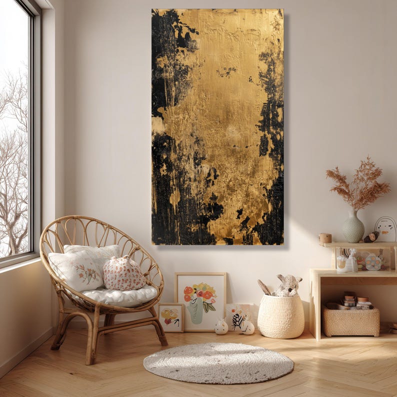 Abstract Gold and Black Canvas Wall Art, Modern Metallic Acrylic Style ...