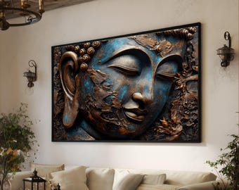 Bronze Buddha Face Canvas, Spiritual Zen Wall Art
