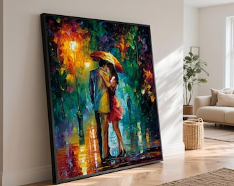 Rainy Cityscape Canvas Art, Romantic Couple Under Umbrella, Impressionist Home Decor