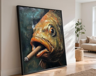 Quirky Fish with Cigar Canvas Wall Art, Humorous Animal Painting, Bold Nautical Theme Decor, Unique Home Canvas