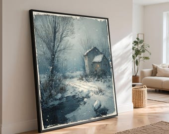 Winter Cabin Canvas Print, Snowy Landscape Wall Art