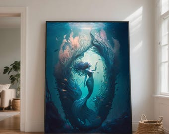 神秘的な人魚のキャンバスプリント、幻想的な水中ファンタジーアート